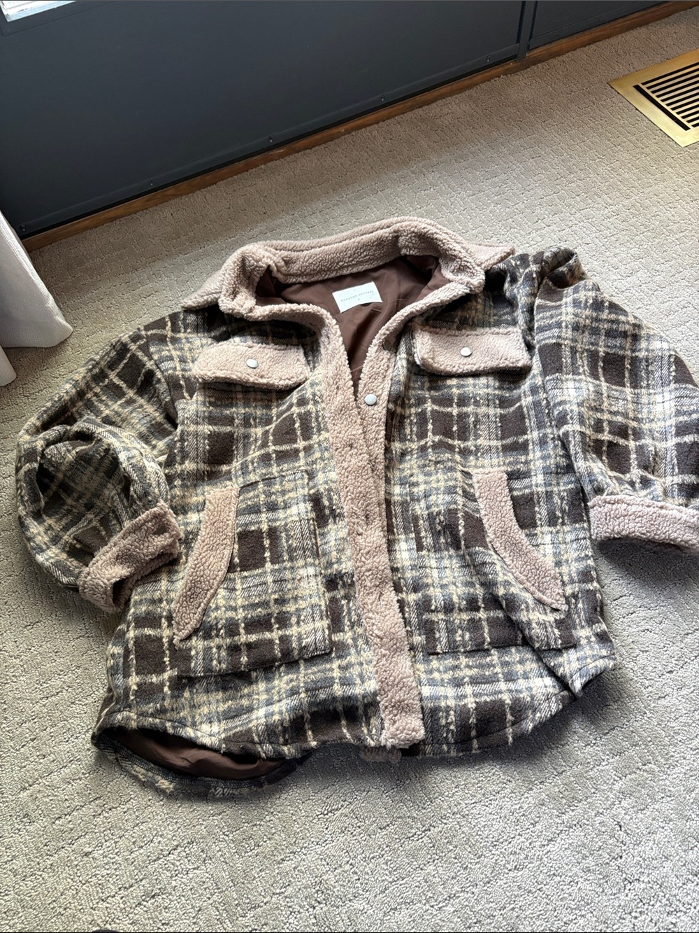 Oversized Brown Plaid Sherpa-trimmed Jacket
